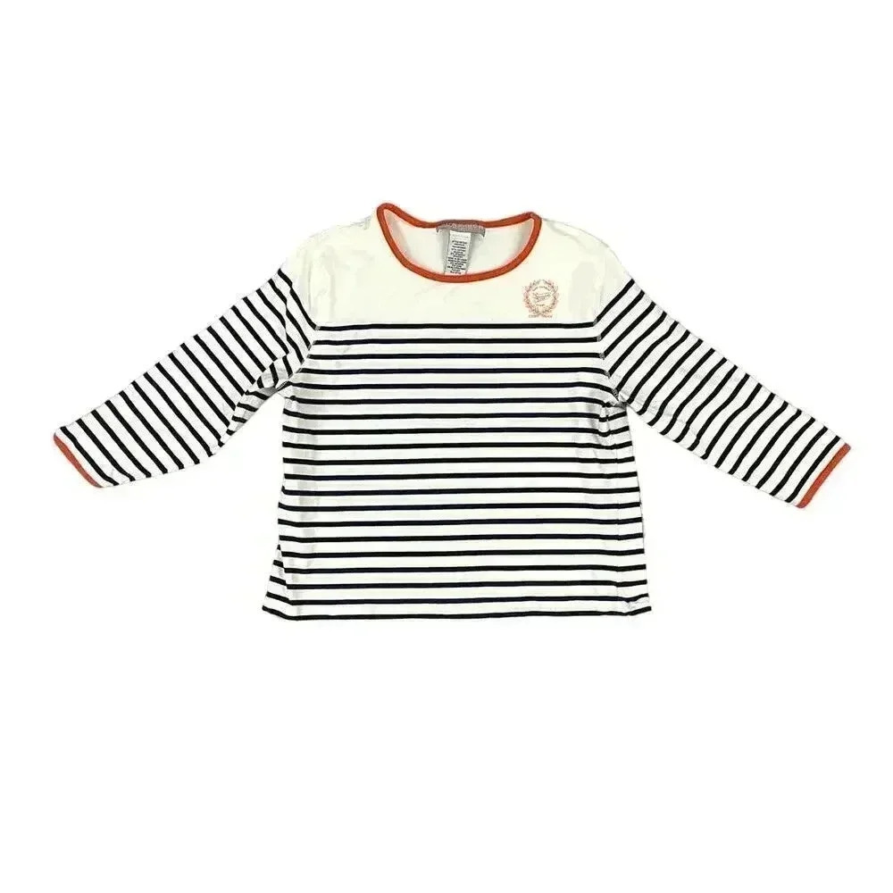 Sag Harbor Sport Striped Shirt Petite Medium 3/4 Sleeves Orange Trim Women's